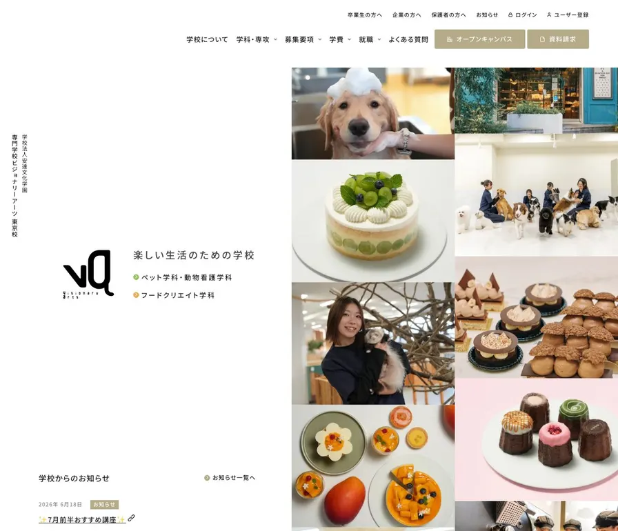 専門学校ビジョナリーアーツ公式サイトの画面